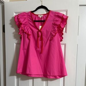 NWT Entro Pink and Red Scalloped V Neck Short Sleeve Front Tie Blouse Size Large